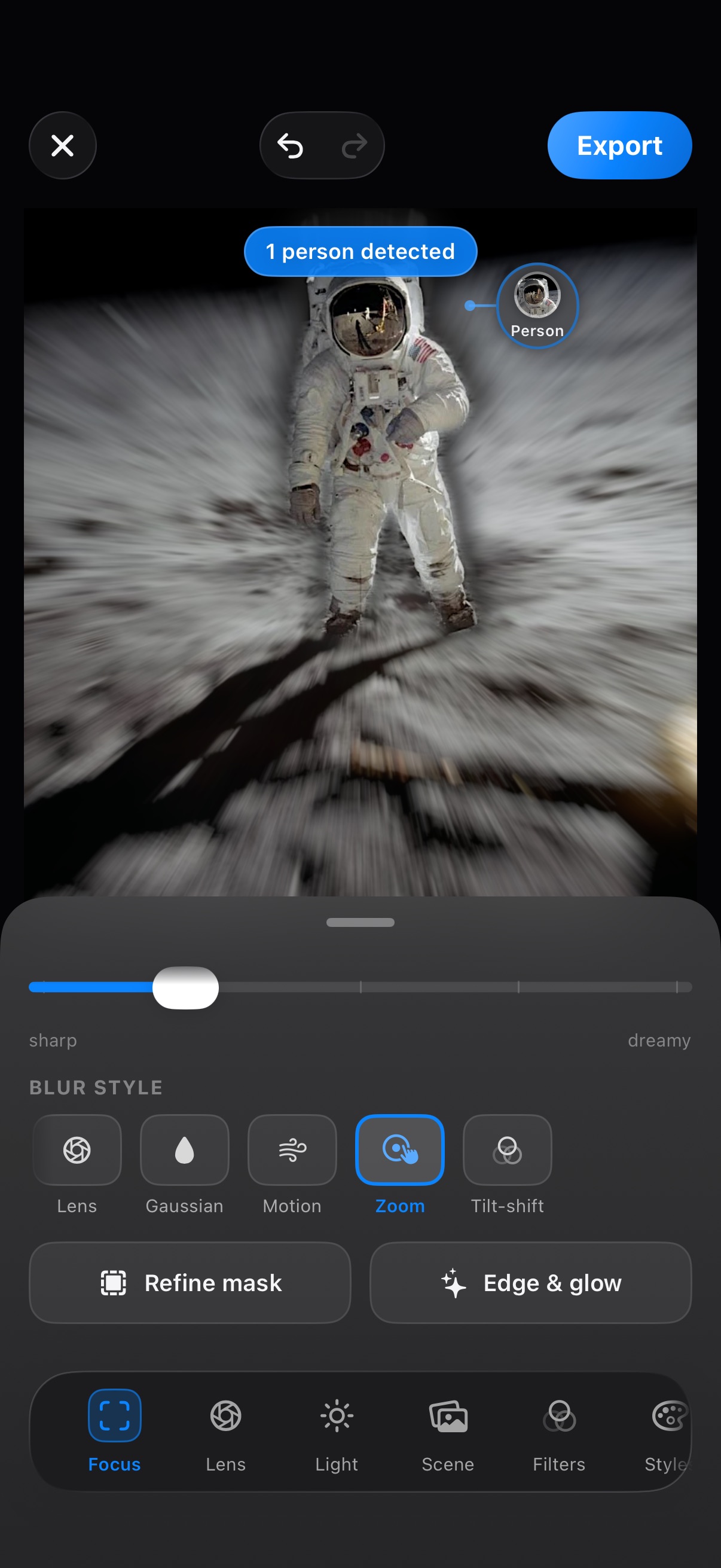 Depthly blur style picker - Lens, Gaussian, Motion, Zoom and Tilt-shift - with a dramatic zoom blur applied around an astronaut