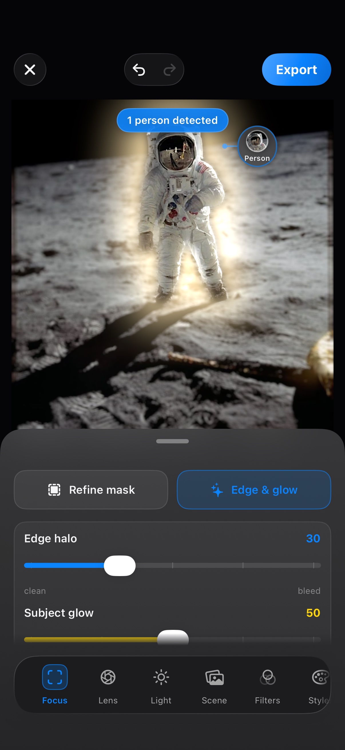 Depthly editor on iPhone: astronaut portrait with the subject glowing and the moon background blurred, person detected automatically