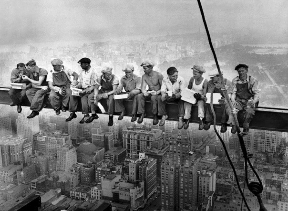 Lunch atop a Skyscraper: the original flat photo, workers and city in even focus