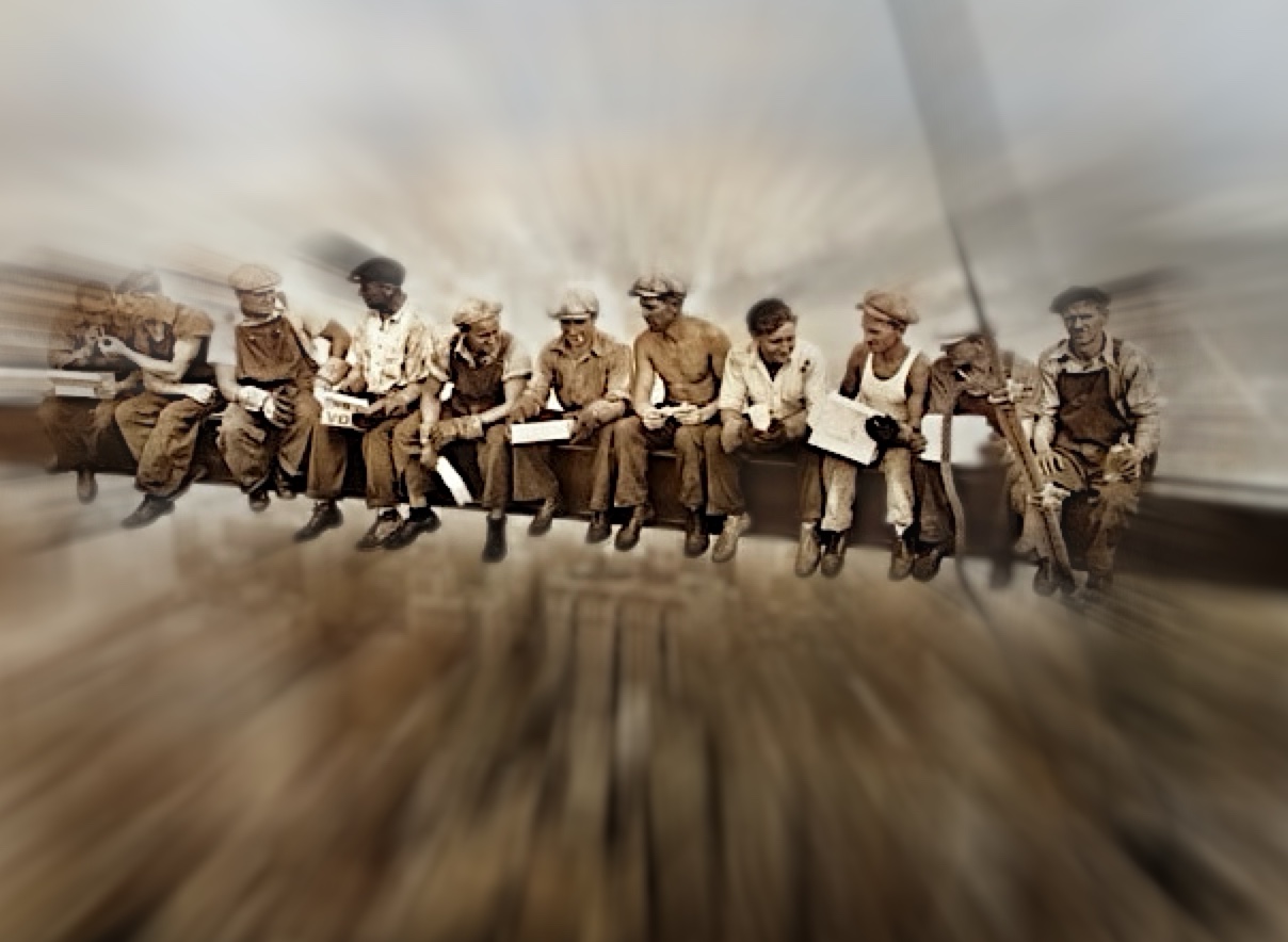 Zoom blur style: the city explodes outward while the workers stay sharp
