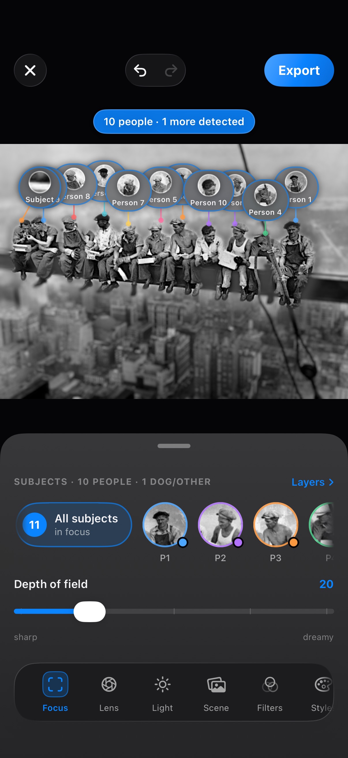 Depthly detecting 10 people as individual subjects on the Lunch atop a Skyscraper photo, each with a tappable focus chip